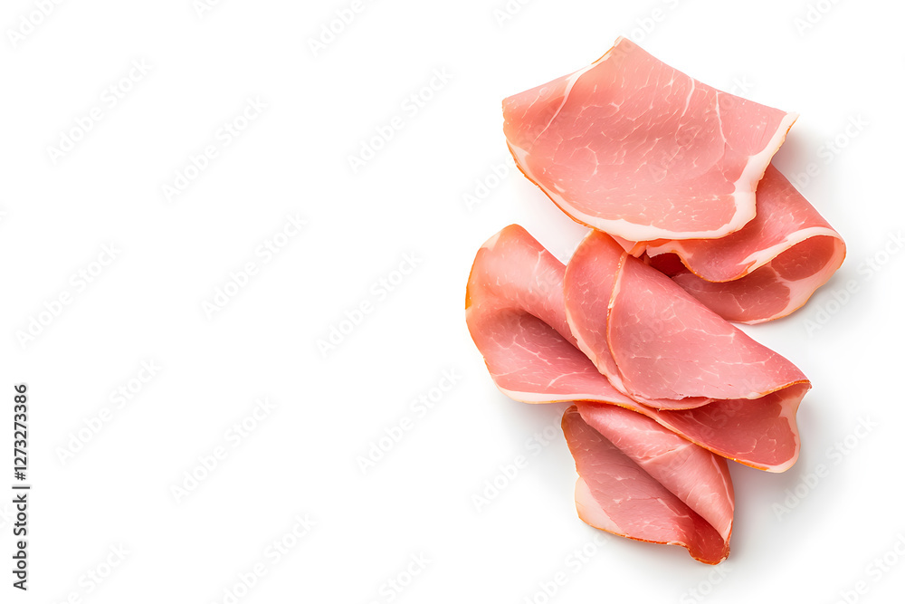 Top view sliced boiled ham isolated on white background