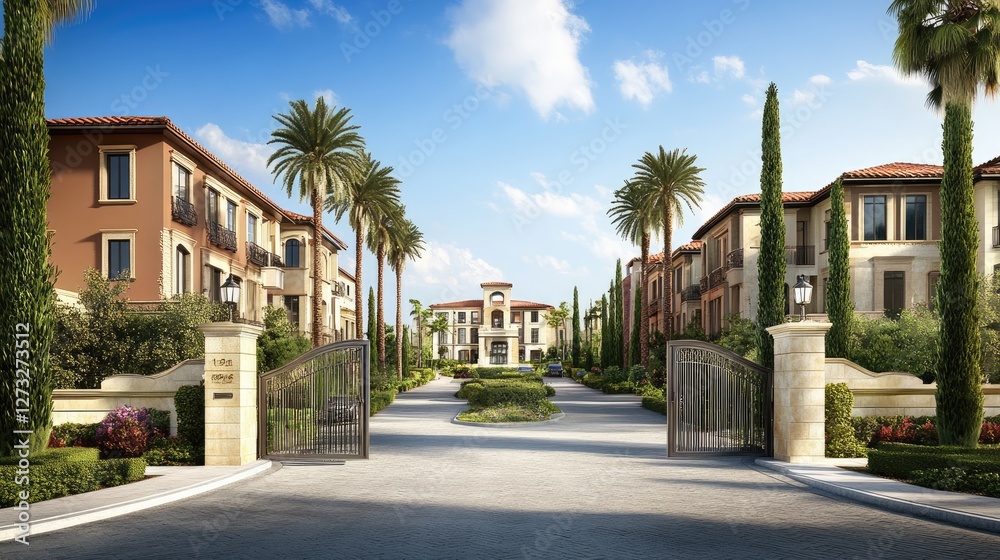 Naklejka premium A residential complex featuring aluminum gates with a uniform, modern design for all homes