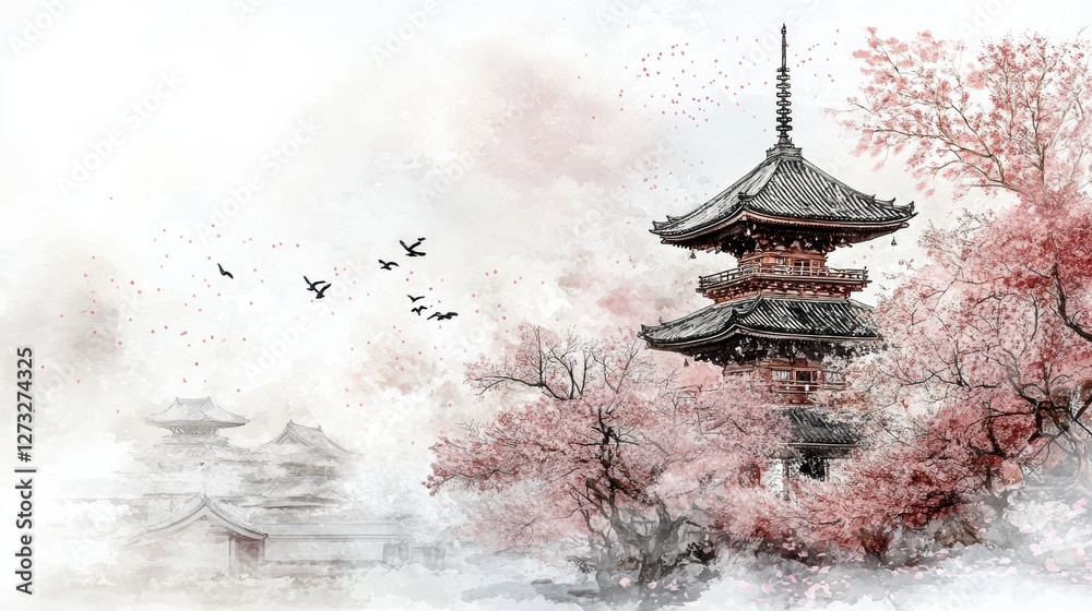 A Captivating Watercolor Painting Featuring a Serene Pagoda Tower Surrounded by Lush Green Forest A Captivating Watercolor Painting Featuring a Serene Pagoda Tower Surrounded by Lush Green Forest