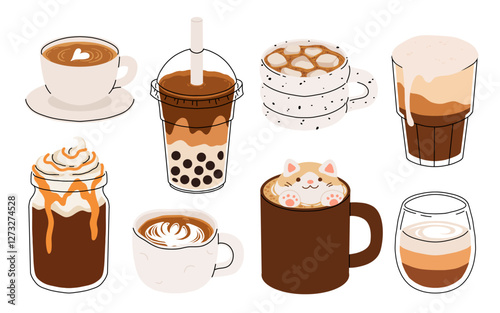 Set of Coffee Cups with Latte Art Patterns Front View. Cute rabbit, Flower and Heart foam shapes. Cafe Bar or Coffee House Graphics. Vector Illustration, Icons