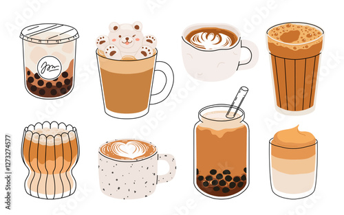 Set of Coffee Cups with Latte Art Patterns Front View. Cute rabbit, Flower and Heart foam shapes. Cafe Bar or Coffee House Graphics. Vector Illustration, Icons