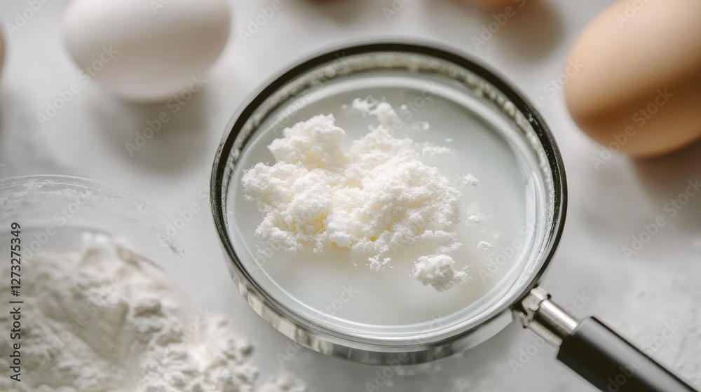 Magnifying glass revealing white powder ingredients.