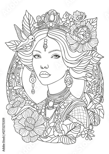 Portrait of a young woman whose hair is decorated with flowers and jewelry. Coloring page. Art therapy.
