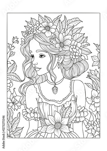 Cute girl with a lush hairstyle decorated with flowers, in a summer dress. Coloring page for children and adults. Art therapy.