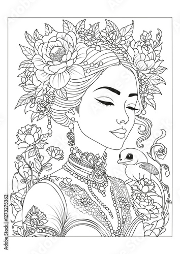 Coloring page with a beautiful young woman with her eyes closed, her hair decorated with flowers and a magical animal sitting on her shoulder.