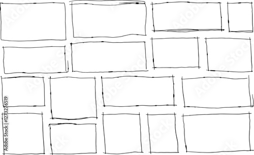 Border frame. Black dirty scribble square collection. Simple scratch brush empty doodle. Freehand grungy rectangle. Outline sketch drawn line