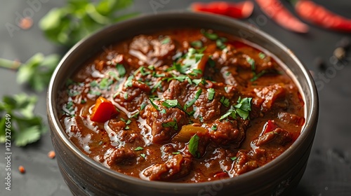 Spicy Indian vindaloo, a fiery Goan curry, no shadows The curry is the highlight, with no text, logo, signature, human body, people, or plants, 