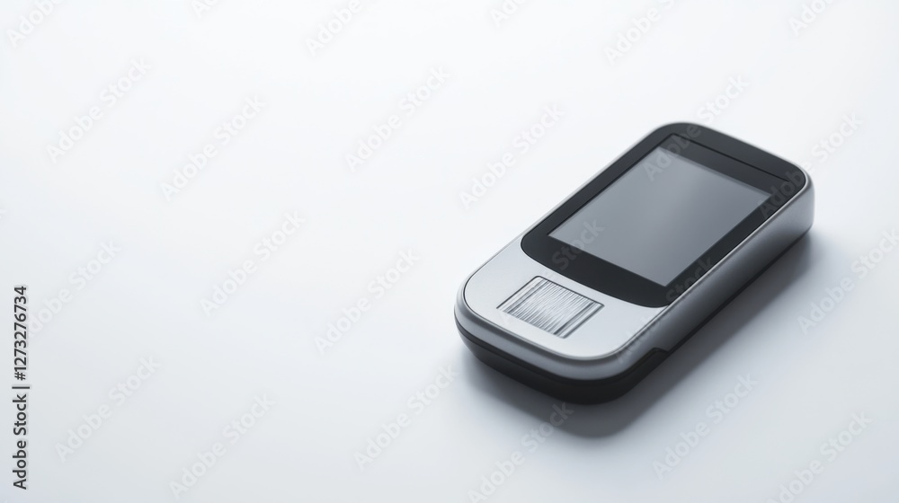 A glucose meter displaying a precise blood sugar level with a test strip inserted. Featuring self-monitoring and health tracking A glucose meter displaying a precise blood sugar level with a test strip inserted. Featuring self-monitoring and health tracking