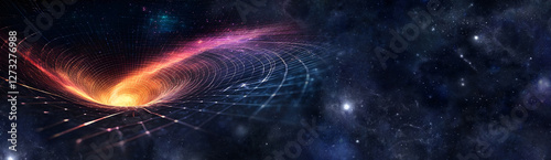 The fabric of the Universe creating itself -  depiction of deep space self-creating like being drawn in blue print form vortexing bright colours into deep ink blue ideal for a cosmic spiritual theme  photo