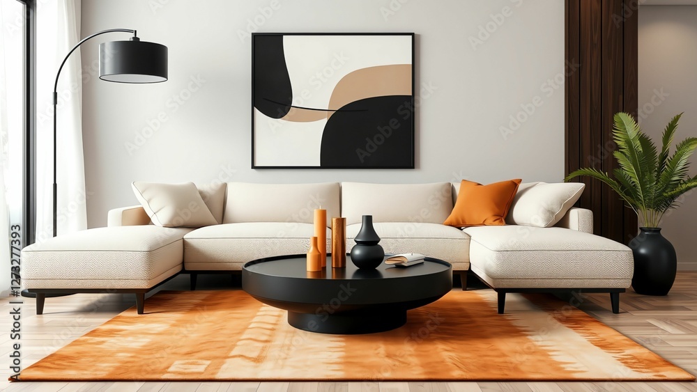 Obraz premium Chic Living Room with Contemporary Art, Cozy Sectional Sofa, and Warm Colors 
