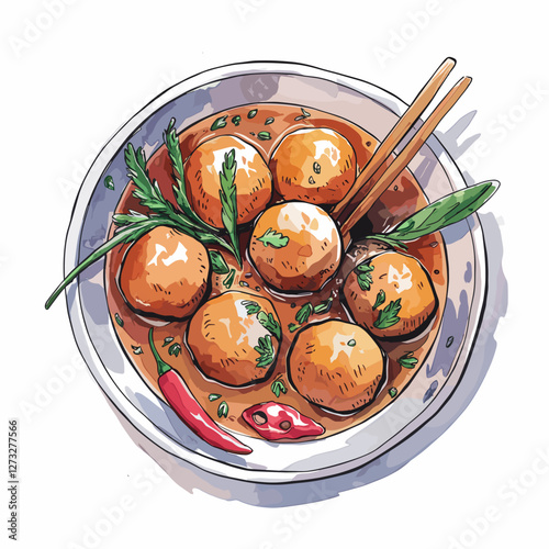 Watercolor Bakso Meatball Soup with Herbs