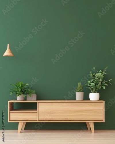 A modern interior with a deep forest green wall and a wooden TV stand with minimal design, accompanied by a floating shelf with decorative items.