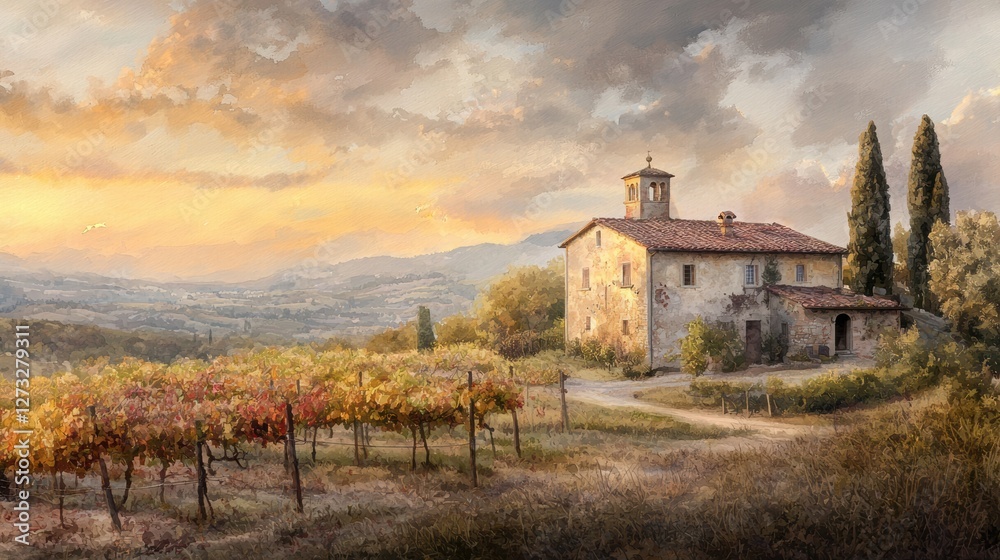 Fototapeta premium A Beautiful Watercolor Painting Featuring a Charming House Nestled Within a Lush Vineyard Landscape