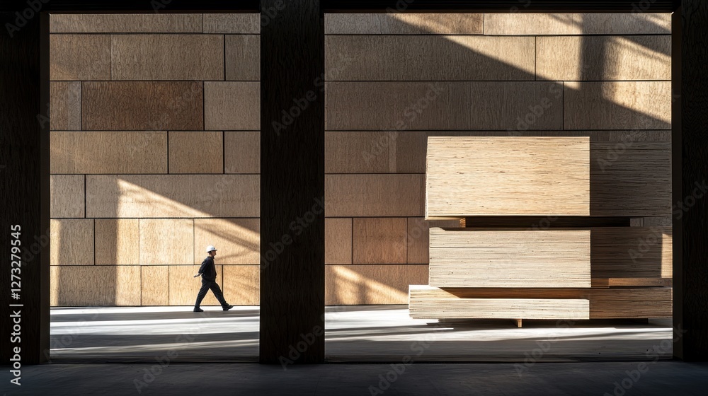Worker walks past stacked wood inside a minimalist building Worker walks past stacked wood inside a minimalist building