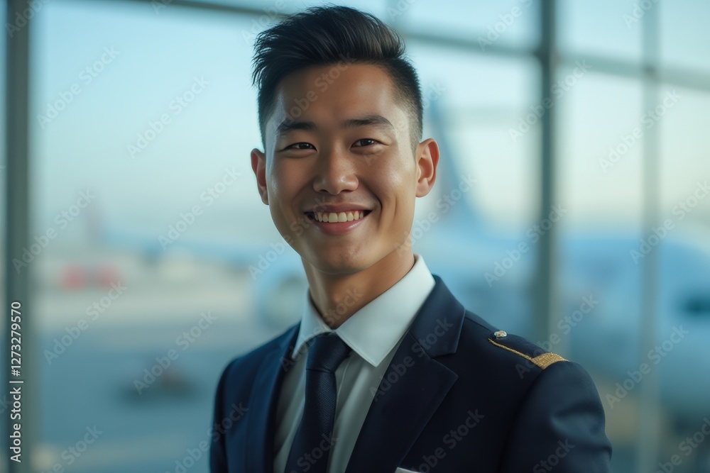 Head and shoulders Portrait of an elegant stylish Cambodian young male flight attendant in uniform. Head and shoulders Portrait of an elegant stylish Cambodian young male flight attendant in uniform.