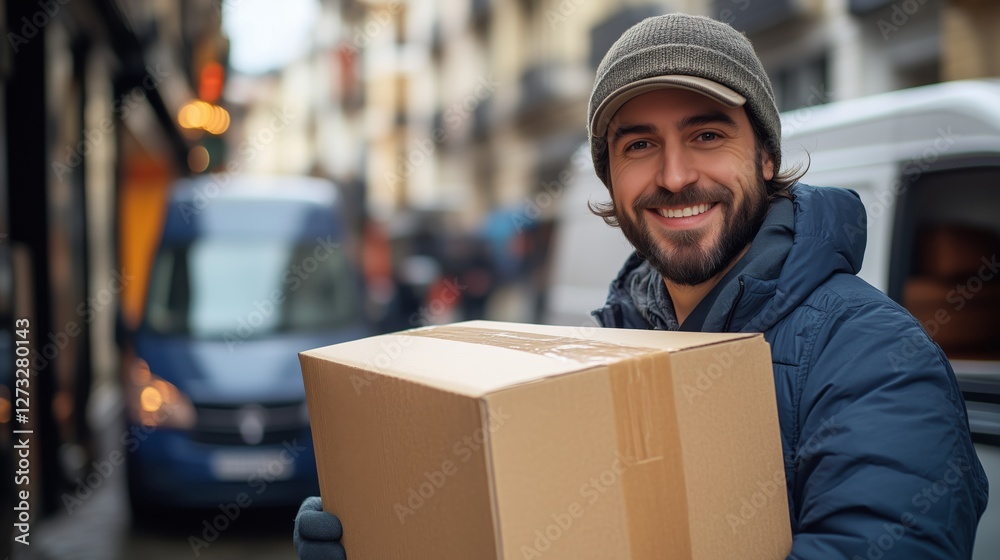 Smiling Delivery Man Holding Brown Box in Urban Environment, Representing Global Commerce and Efficient Trade Shipping Industry Smiling Delivery Man Holding Brown Box in Urban Environment, Representing Global Commerce and Efficient Trade Shipping Industry