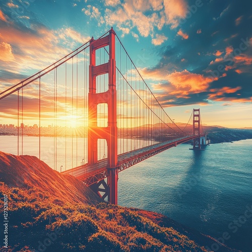 Golden Gate Bridge sunrise, San Francisco, cityscape background; travel poster