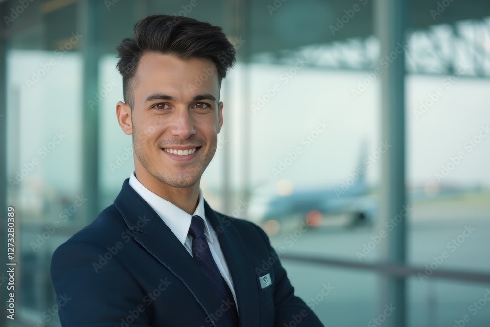 Head and shoulders Portrait of an elegant stylish Colombian young male flight attendant in uniform. Head and shoulders Portrait of an elegant stylish Colombian young male flight attendant in uniform.