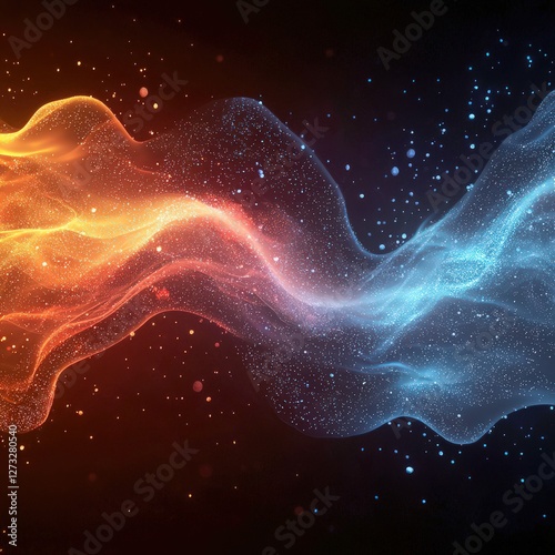 This captivating image of waves flowing between warm orange and cool blue energies creates a mesmerizing visual transition that embodies balance and motion in a cosmic space.