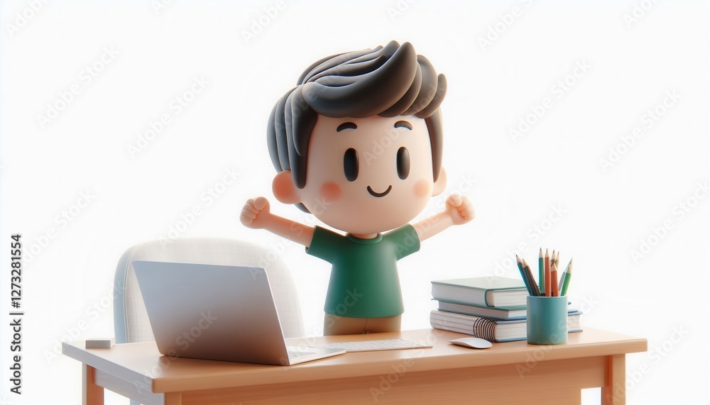 Cheerful child celebrating in a bright home office - joyful digital illustration Cheerful child celebrating in a bright home office - joyful digital illustration