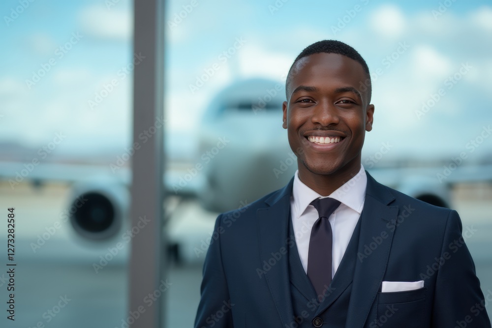 Head and shoulders Portrait of an elegant stylish Equatorial Guinean young male flight attendant in uniform. Head and shoulders Portrait of an elegant stylish Equatorial Guinean young male flight attendant in uniform.