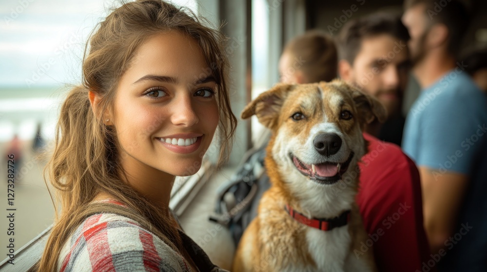 Smiling woman with dog at window, friends in background, ocean view Smiling woman with dog at window, friends in background, ocean view