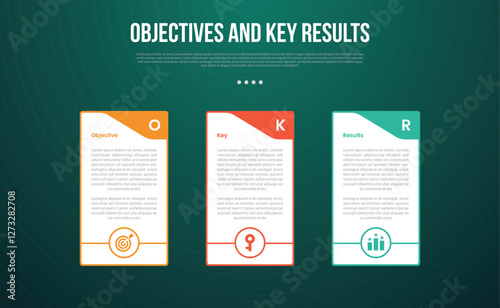 OKR Objectives and Key Results infographic template with big table container with swirl header and outline circle bottom with dark background style with 3 point for slide presentation