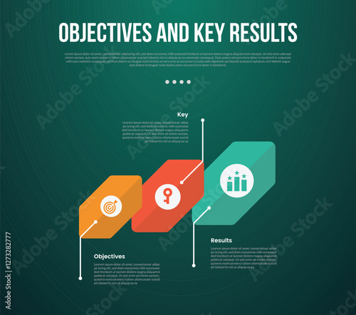 OKR Objectives and Key Results infographic template with creative rotated hexagon with line pointing direction with dark background style with 3 point for slide presentation