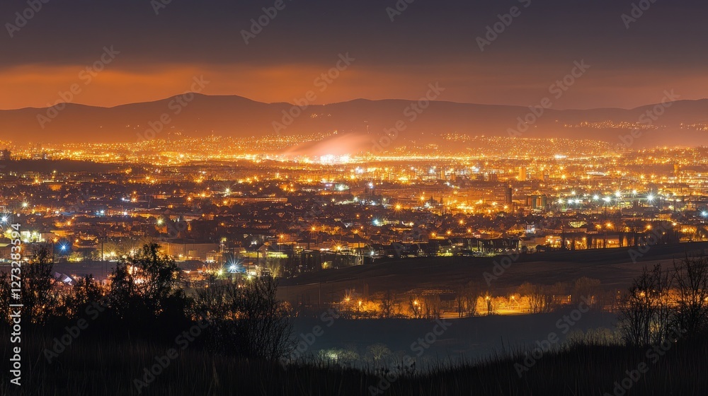 Obraz premium Extensive city view with glowing lights and distant mountains