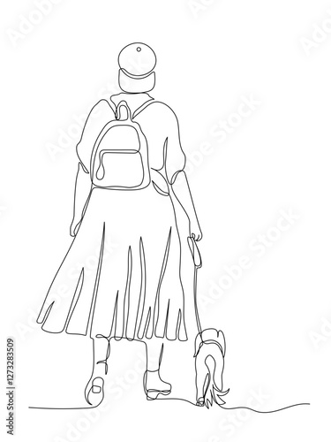 Woman with backpack and dog walking away. Back view. Continuous line drawing. Black and white vector illustration in line art style.