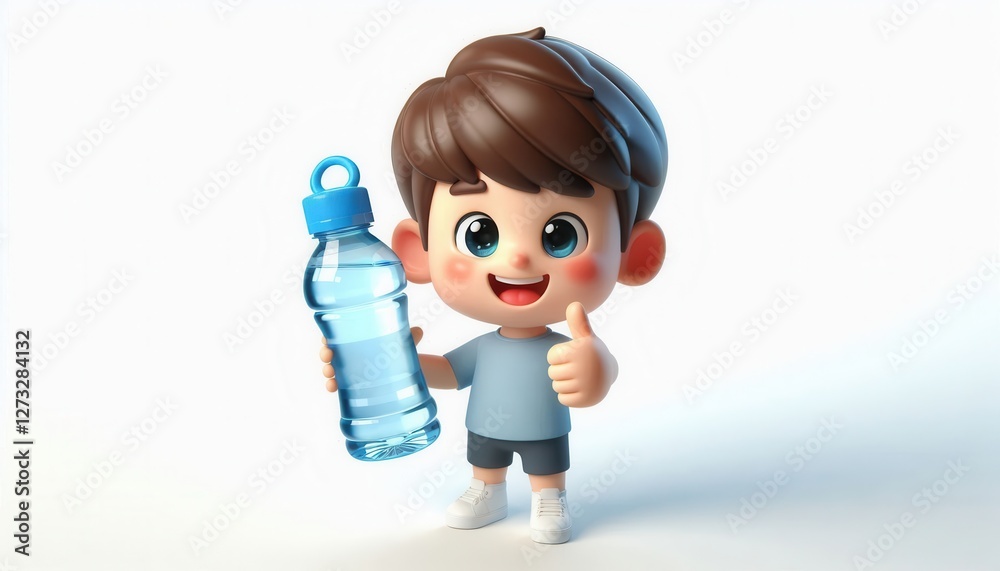 Child holding water bottle indoor setting 3d character illustration cheerful environment Child holding water bottle indoor setting 3d character illustration cheerful environment