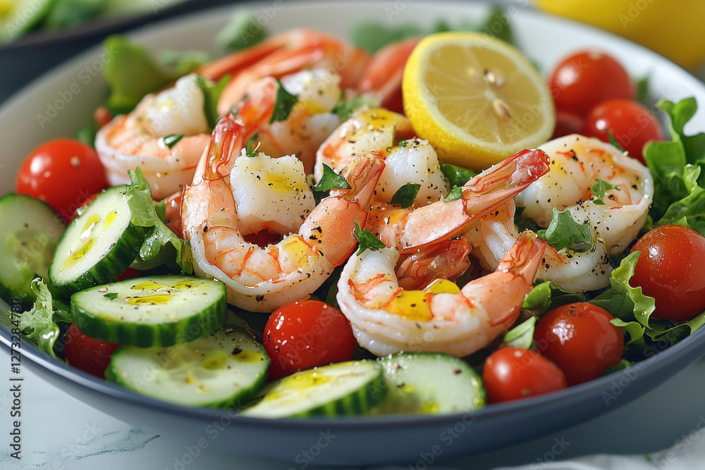 A close-up of a healthy and appetizing shrimp salad featuring fresh cucumber slices, juicy cherry tomatoes, vibrant green lettuce, and a tangy lemon wedge, ready to enjoy. A close-up of a healthy and appetizing shrimp salad featuring fresh cucumber slices, juicy cherry tomatoes, vibrant green lettuce, and a tangy lemon wedge, ready to enjoy.