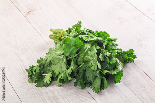 Fresh green cilantro branches heap photo