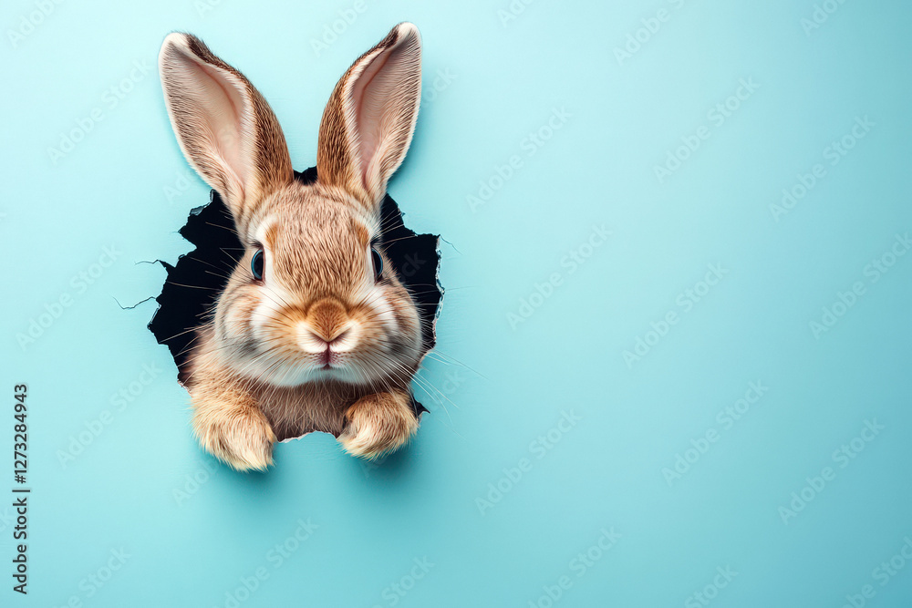 Obraz premium Bunny peeking out of a hole in blue wall