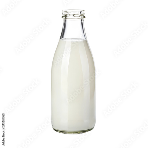 A glass bottle of milk with a transparent background.