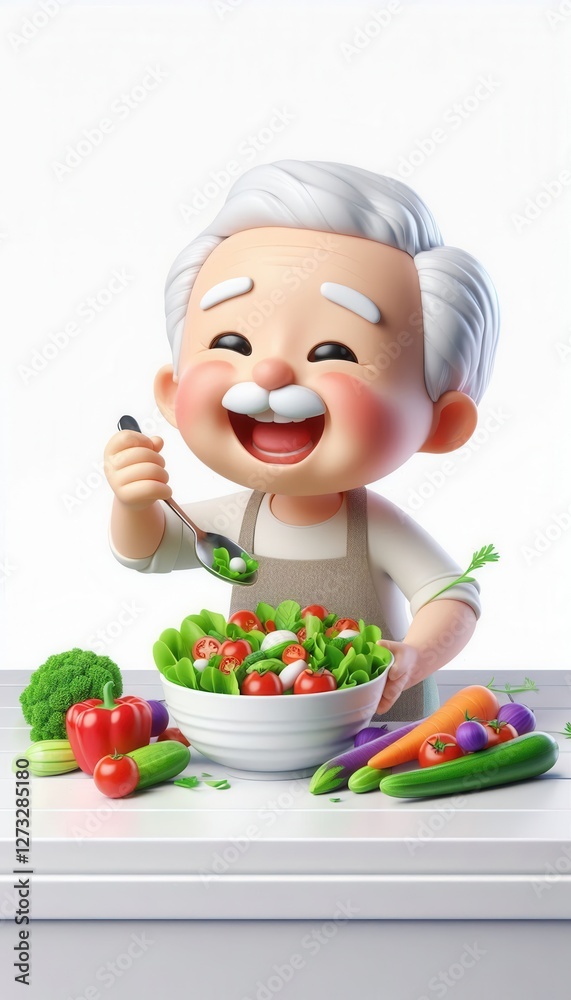 Happy chef enjoying fresh salad kitchen illustration bright joyful healthy eating Happy chef enjoying fresh salad kitchen illustration bright joyful healthy eating