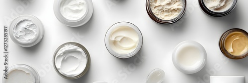 Skincare jars, top view, product display photo