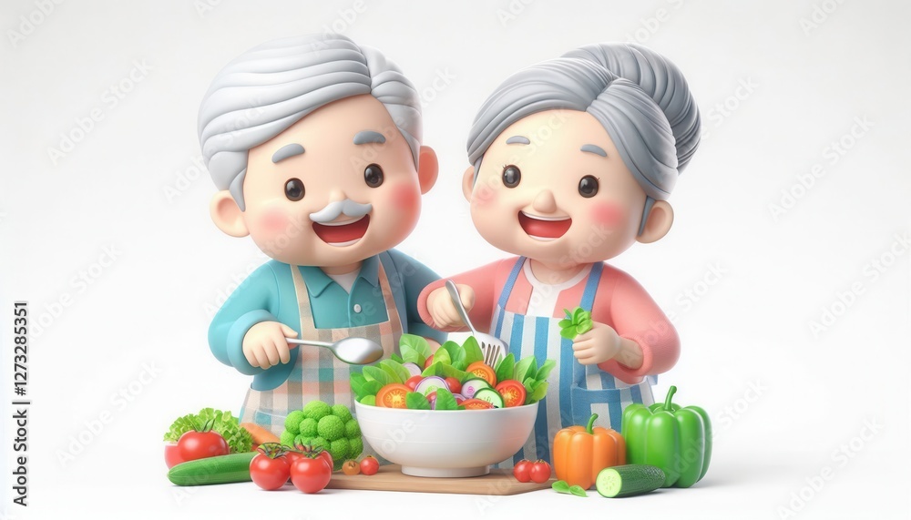 Elderly couple preparing fresh salad kitchen illustration home environment joyful concept Elderly couple preparing fresh salad kitchen illustration home environment joyful concept