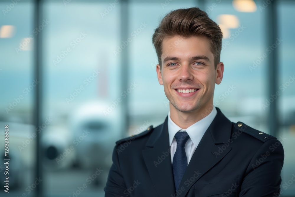 Head and shoulders Portrait of an elegant stylish Icelander young male flight attendant in uniform. Head and shoulders Portrait of an elegant stylish Icelander young male flight attendant in uniform.