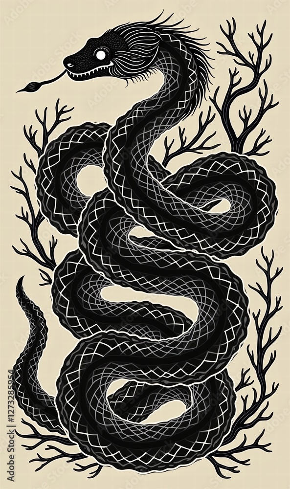 An intricately designed black snake with a dragon-like head, surrounded by abstract coral, perfect for themes of mythology and nature. An intricately designed black snake with a dragon-like head, surrounded by abstract coral, perfect for themes of mythology and nature.