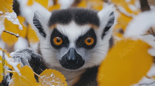 A dramatic close-up of a ring-tailed lemur sitting on a tree branch at sunrise, its large golden eyes glowing against the soft orange sky.