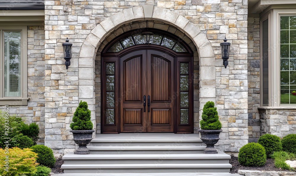 Elegant arched wooden door with side panels and glass accents, surrounded by stone walls, Generative AI Elegant arched wooden door with side panels and glass accents, surrounded by stone walls, Generative AI