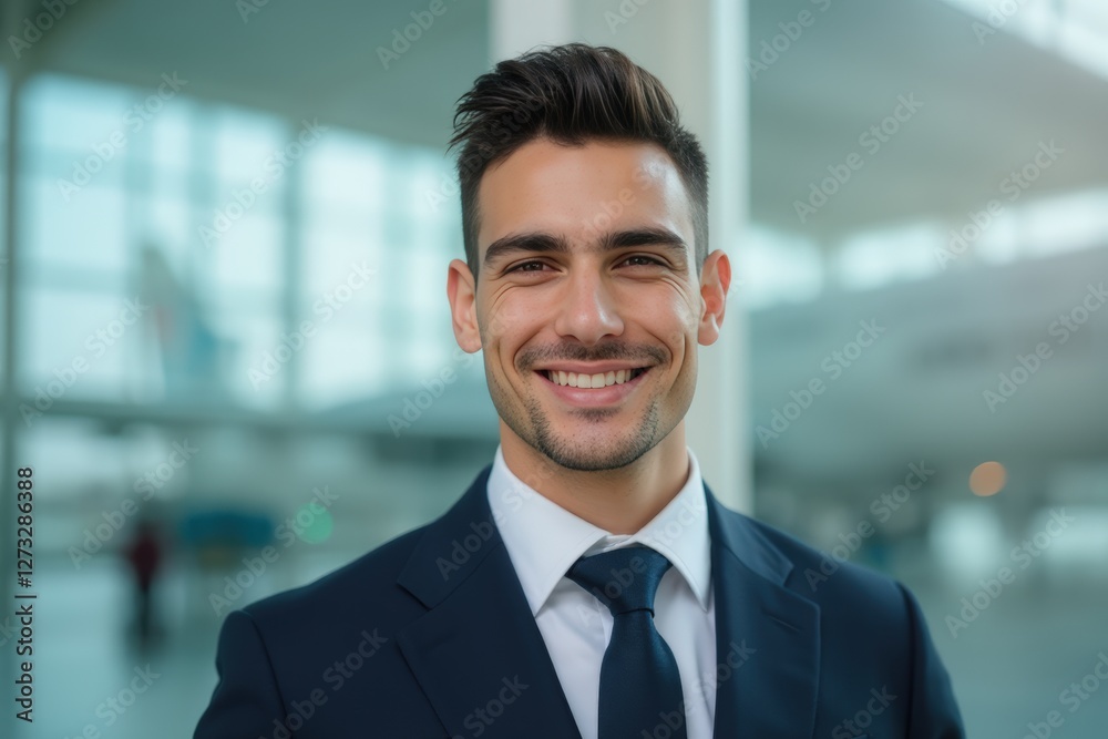 Head and shoulders Portrait of an elegant stylish Italian young male flight attendant in uniform. Head and shoulders Portrait of an elegant stylish Italian young male flight attendant in uniform.