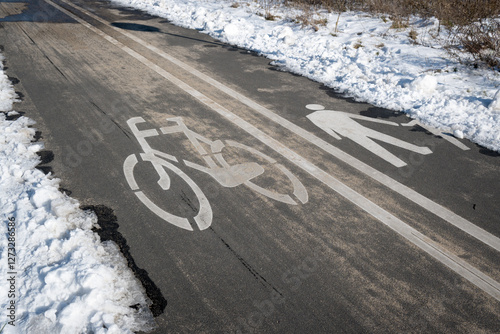 Obraz na płótnie Road markings with separate lanes for pedestrians and bicycles. Winter conditions.
w salonie