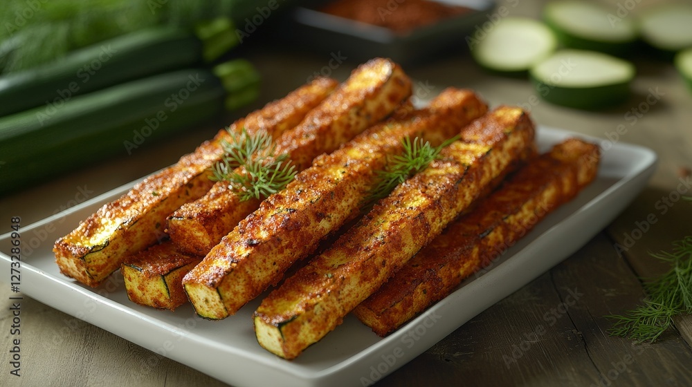 A platter of seasoned, roasted zucchini sticks garnished with herbs. A platter of seasoned, roasted zucchini sticks garnished with herbs.