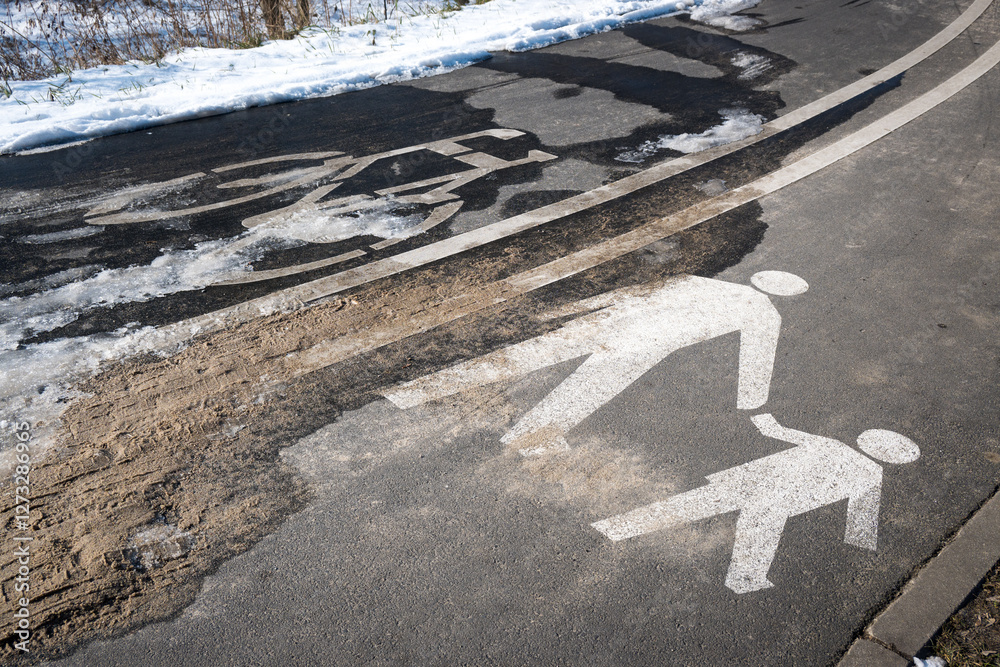 Road markings with separate lanes for pedestrians and bicycles. Winter conditions.