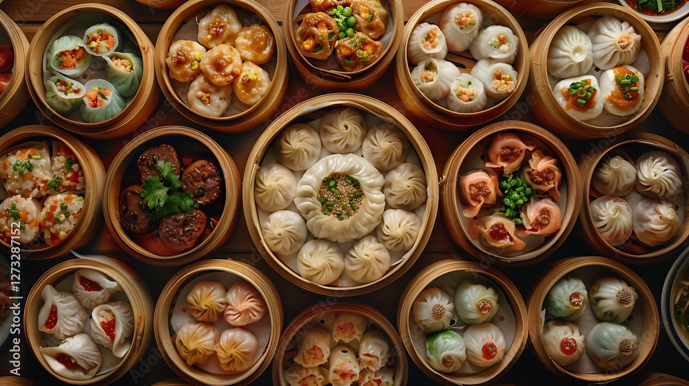 Authentic Chinese dim sum with a variety of dumplings, no shadows The dim sum takes center stage, with no text, logo, signature, human body, people, or plants, Authentic Chinese dim sum with a variety of dumplings, no shadows The dim sum takes center stage, with no text, logo, signature, human body, people, or plants,