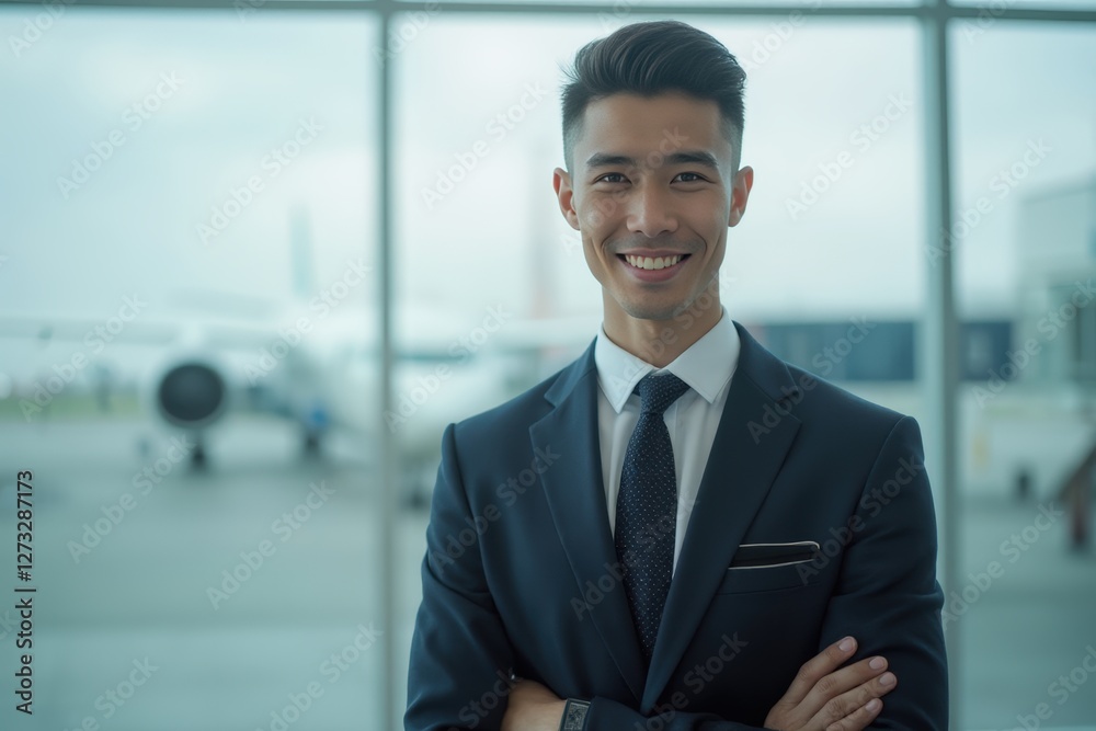 Head and shoulders Portrait of an elegant stylish Kazakh young male flight attendant in uniform. Head and shoulders Portrait of an elegant stylish Kazakh young male flight attendant in uniform.