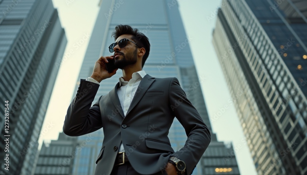 Young South Asian man in formal attire communicating with a phone amidst tall city skyscrapers during daylight Young South Asian man in formal attire communicating with a phone amidst tall city skyscrapers during daylight