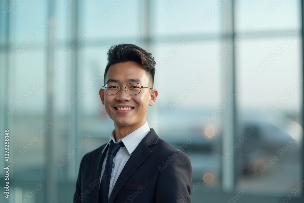 Head and shoulders Portrait of an elegant stylish Lao young male flight attendant in uniform. Head and shoulders Portrait of an elegant stylish Lao young male flight attendant in uniform.